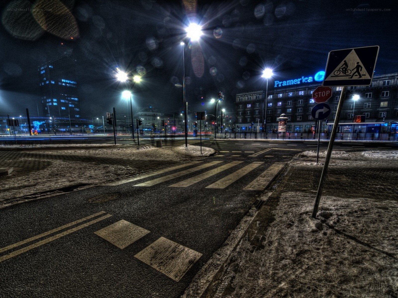 Nighttime city street with crosswalk