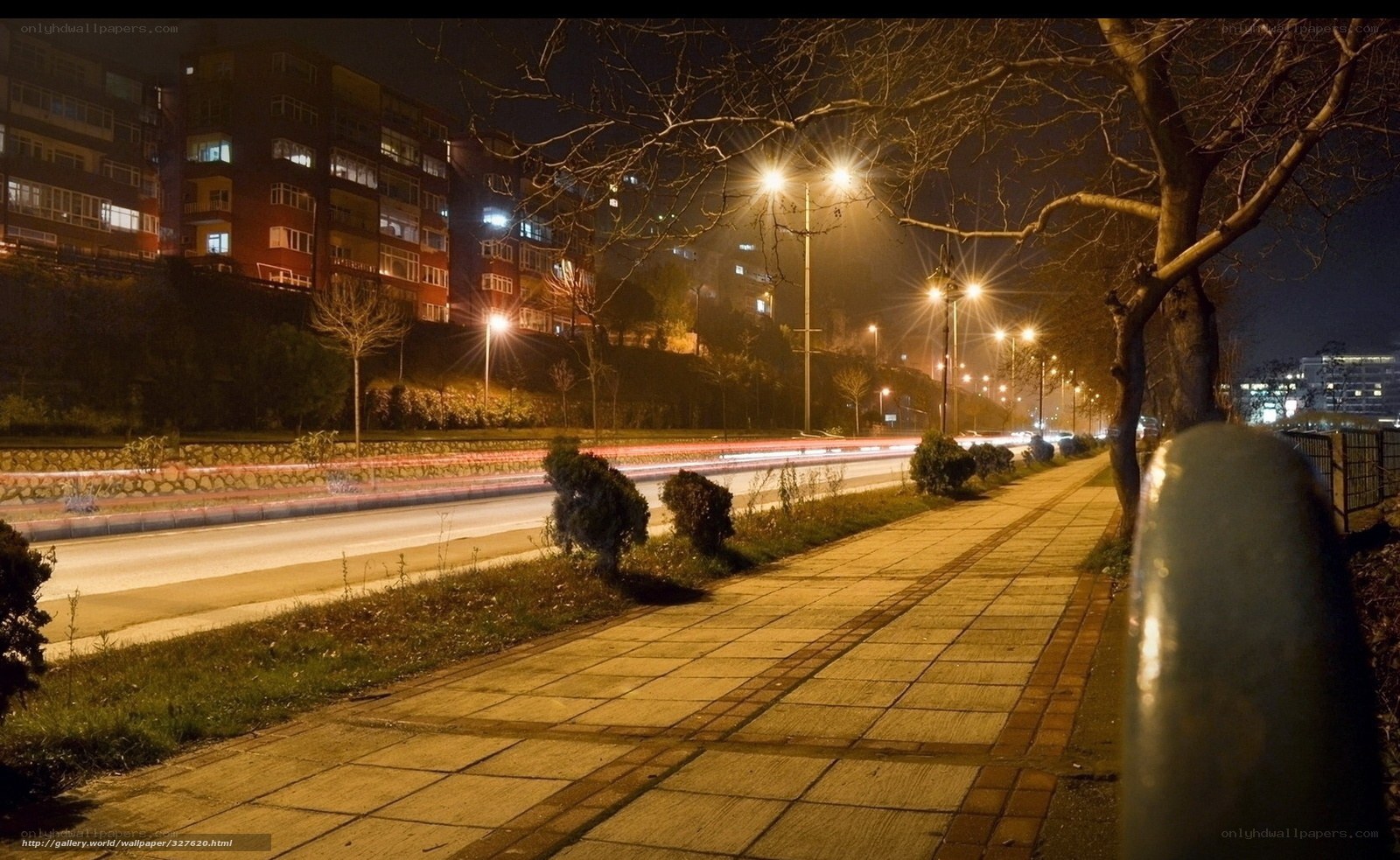 Nighttime city street with light trails