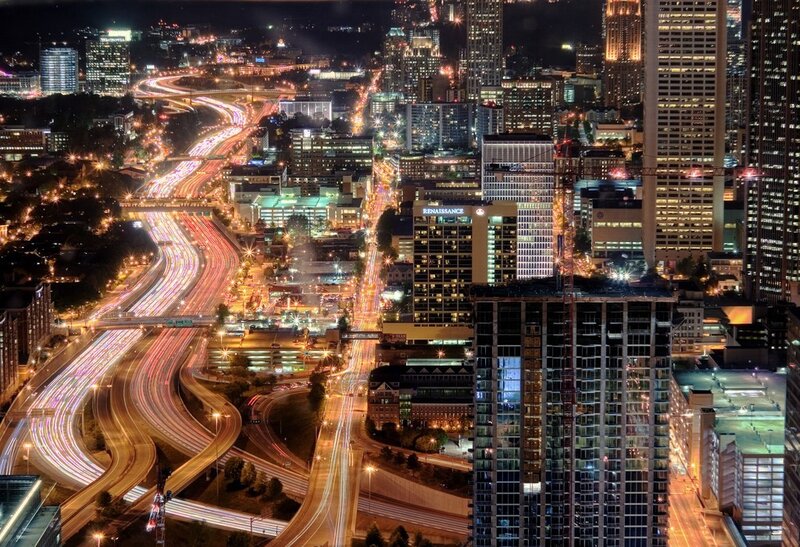 Nighttime city traffic and skyline