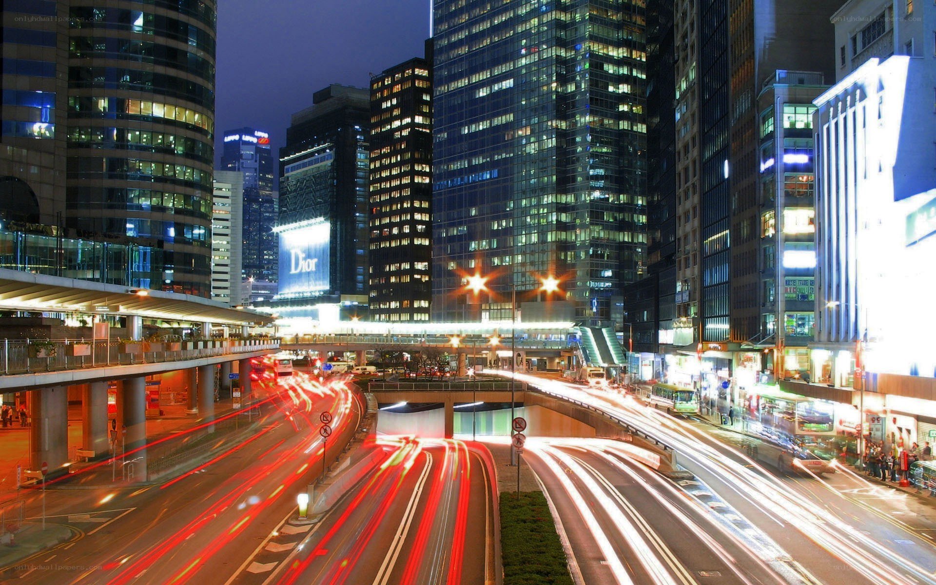 Nighttime city traffic and skyscrapers