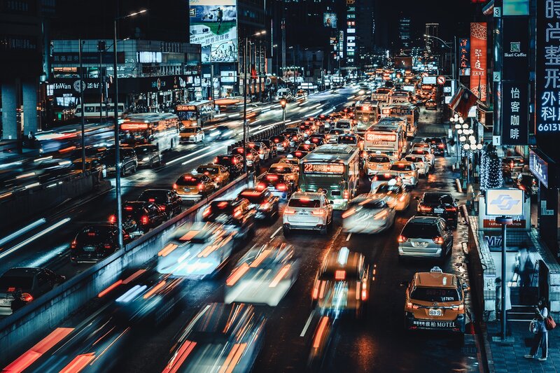 Nighttime City Traffic — Black, Dramatic, Night, Photograph, Cars