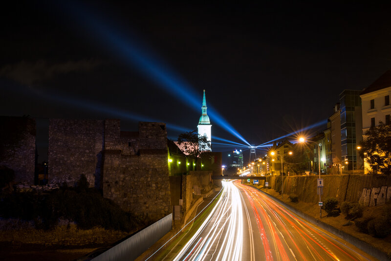Nighttime City Traffic — Black, Dramatic, Night, Photograph, Church Steeple