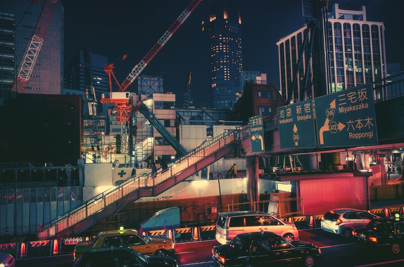 Nighttime City Traffic — Black, Dramatic, Night, Photograph, Cranes