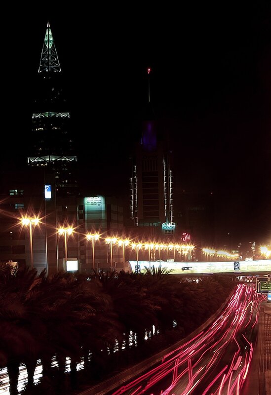 Nighttime City Traffic — Black, Dramatic, Night, Photograph, Skyscrapers, Palm Trees