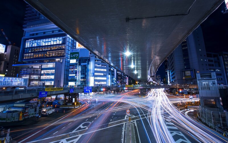 Nighttime City Traffic — Blue, Dramatic, Night, Photograph, Buildings, Overpass