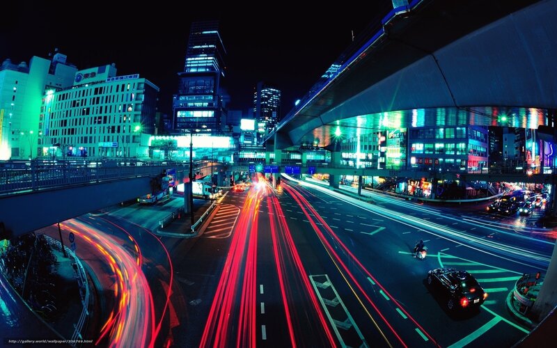 Nighttime City Traffic — Blue, Dramatic, Night, Photograph, Buildings