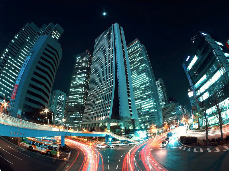 Nighttime City Traffic — Blue, Dramatic, Night, Photograph, Skyscrapers, Bus, Pedestrian Bridge
