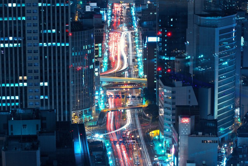 Nighttime City Traffic — Blue, Dramatic, Night, Photograph, Skyscrapers, Highway, Light Trails