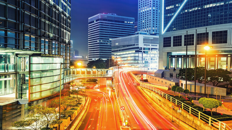 Nighttime City Traffic — Blue, Dramatic, Night, Photograph, Skyscrapers, Highway