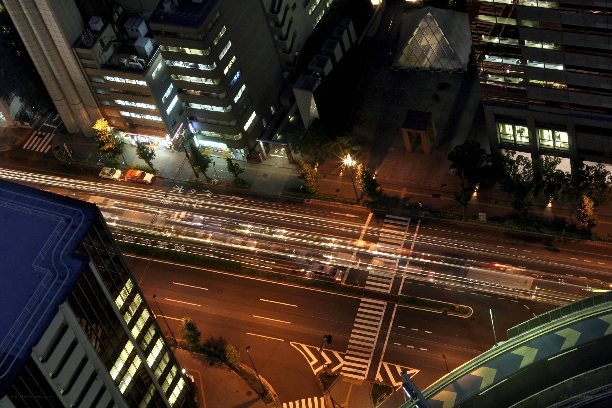 Nighttime city traffic from above