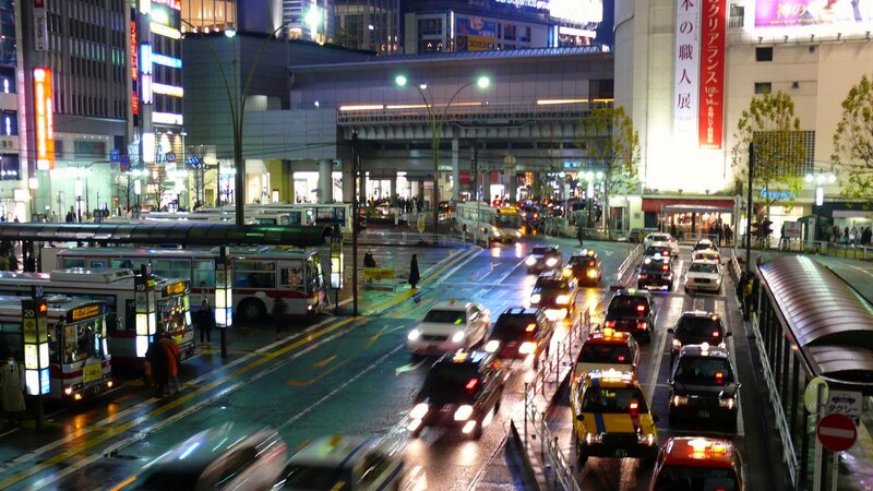 Nighttime city traffic in Japan