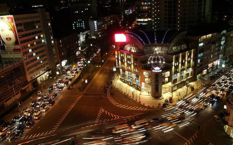 Nighttime city traffic intersection