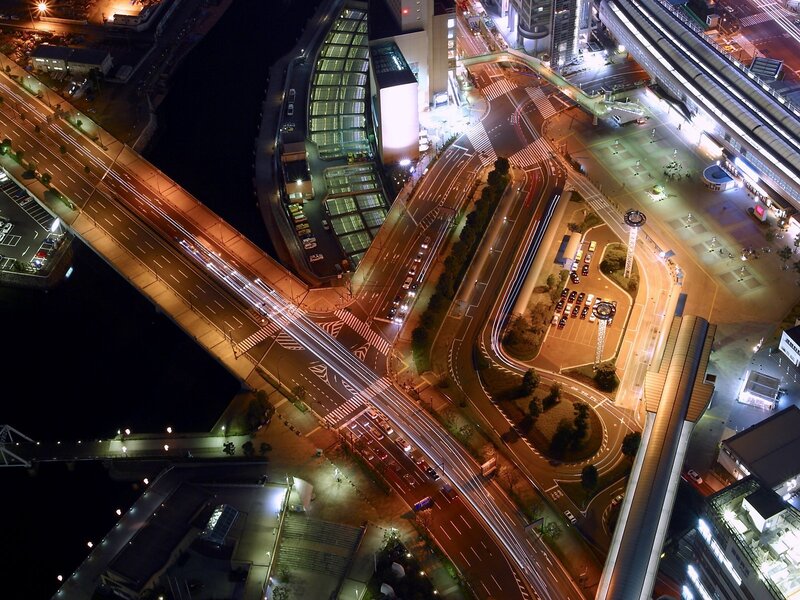 Nighttime city traffic intersection