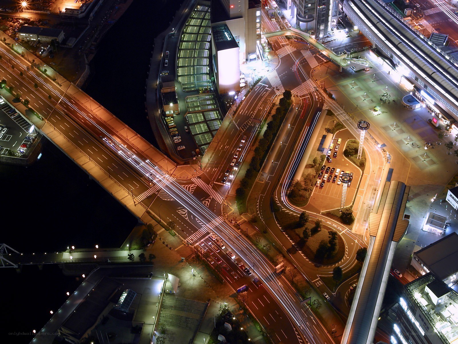 Nighttime city traffic intersection