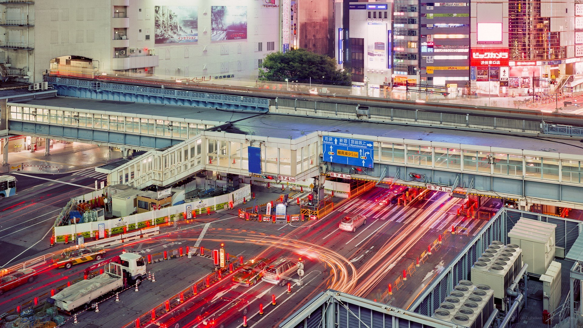 Nighttime city traffic intersection