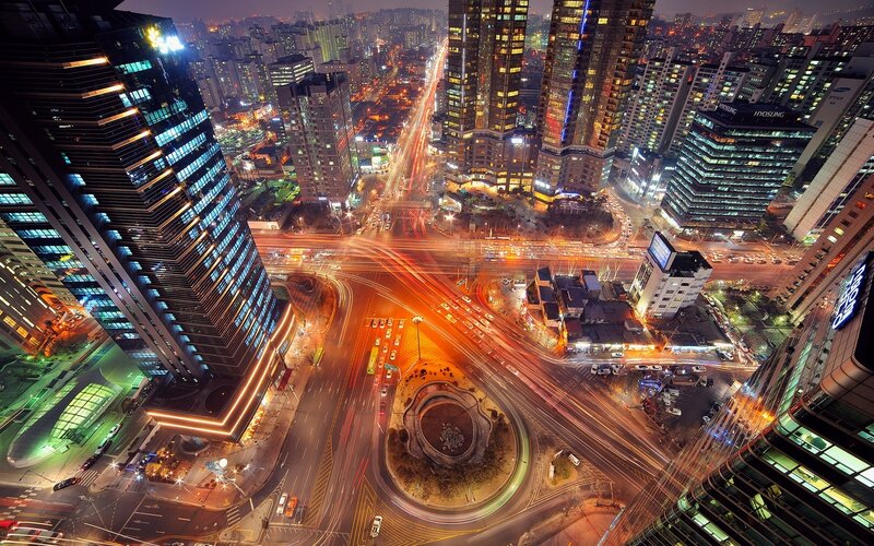 Nighttime city traffic intersection