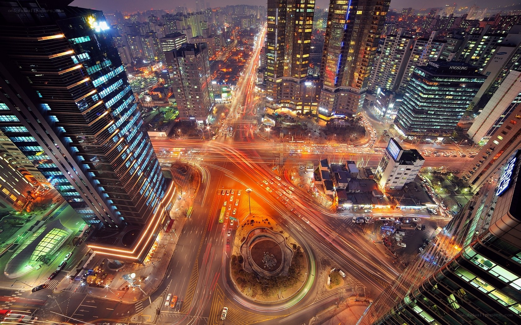 Nighttime city traffic intersection