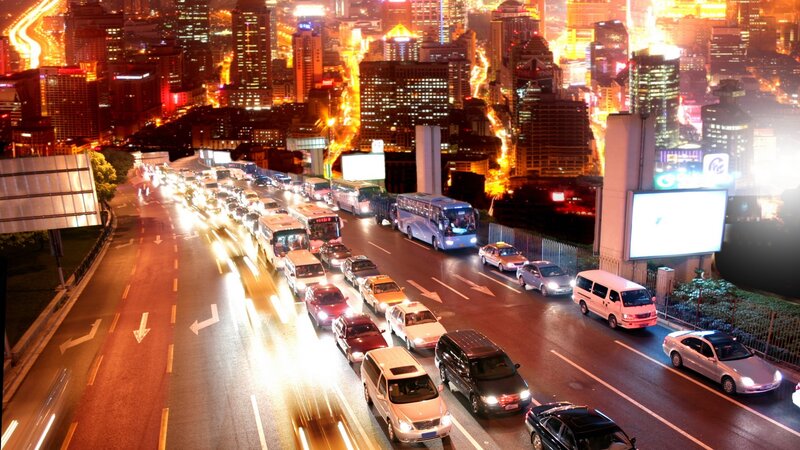 nighttime city traffic jam