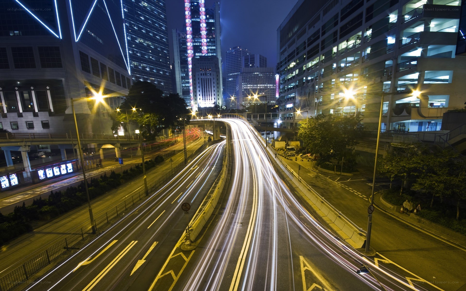 Nighttime city traffic light trails