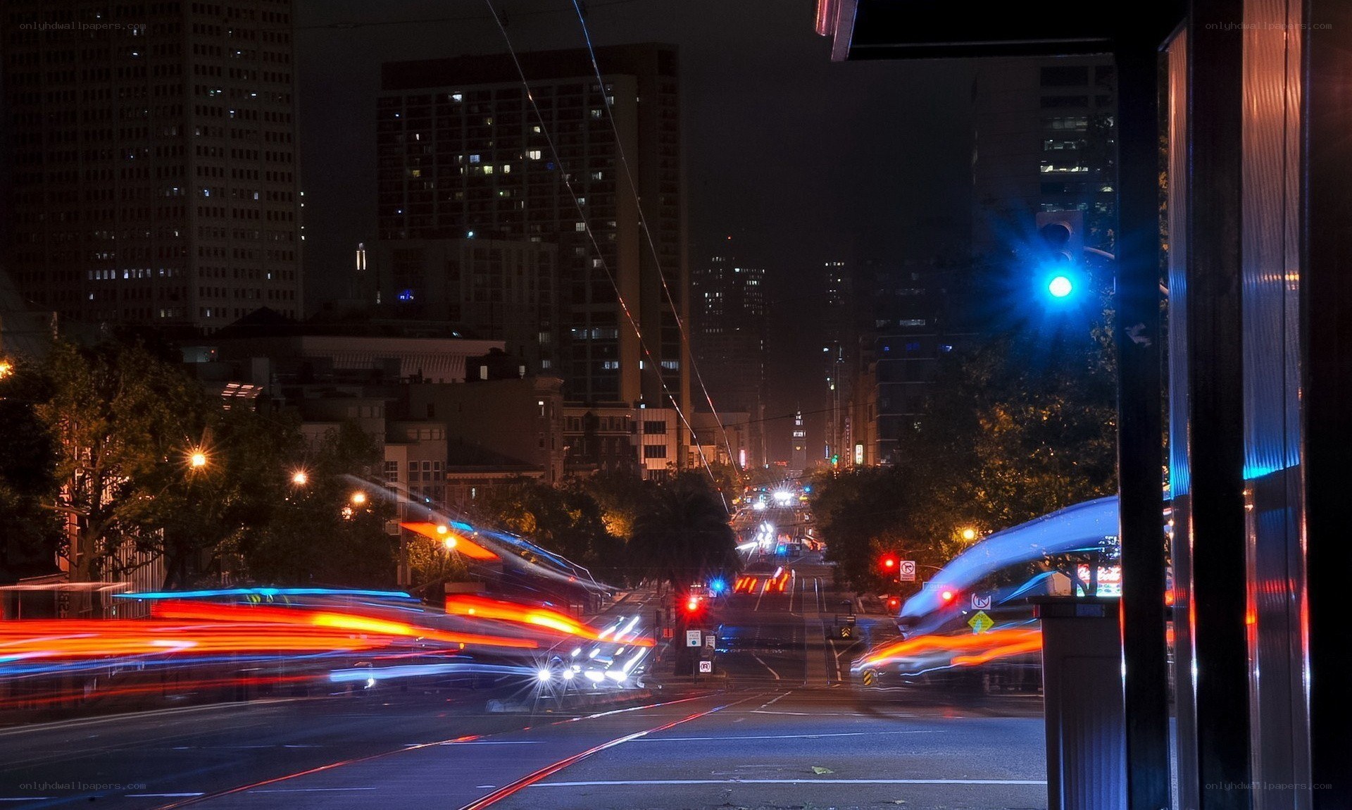 Nighttime city traffic light trails