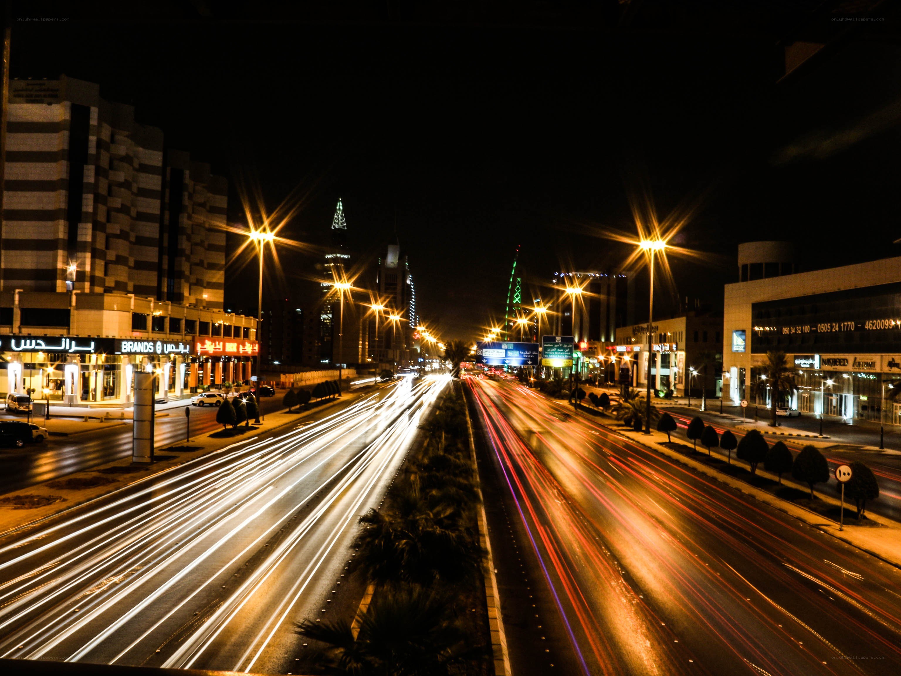 Nighttime city traffic light trails