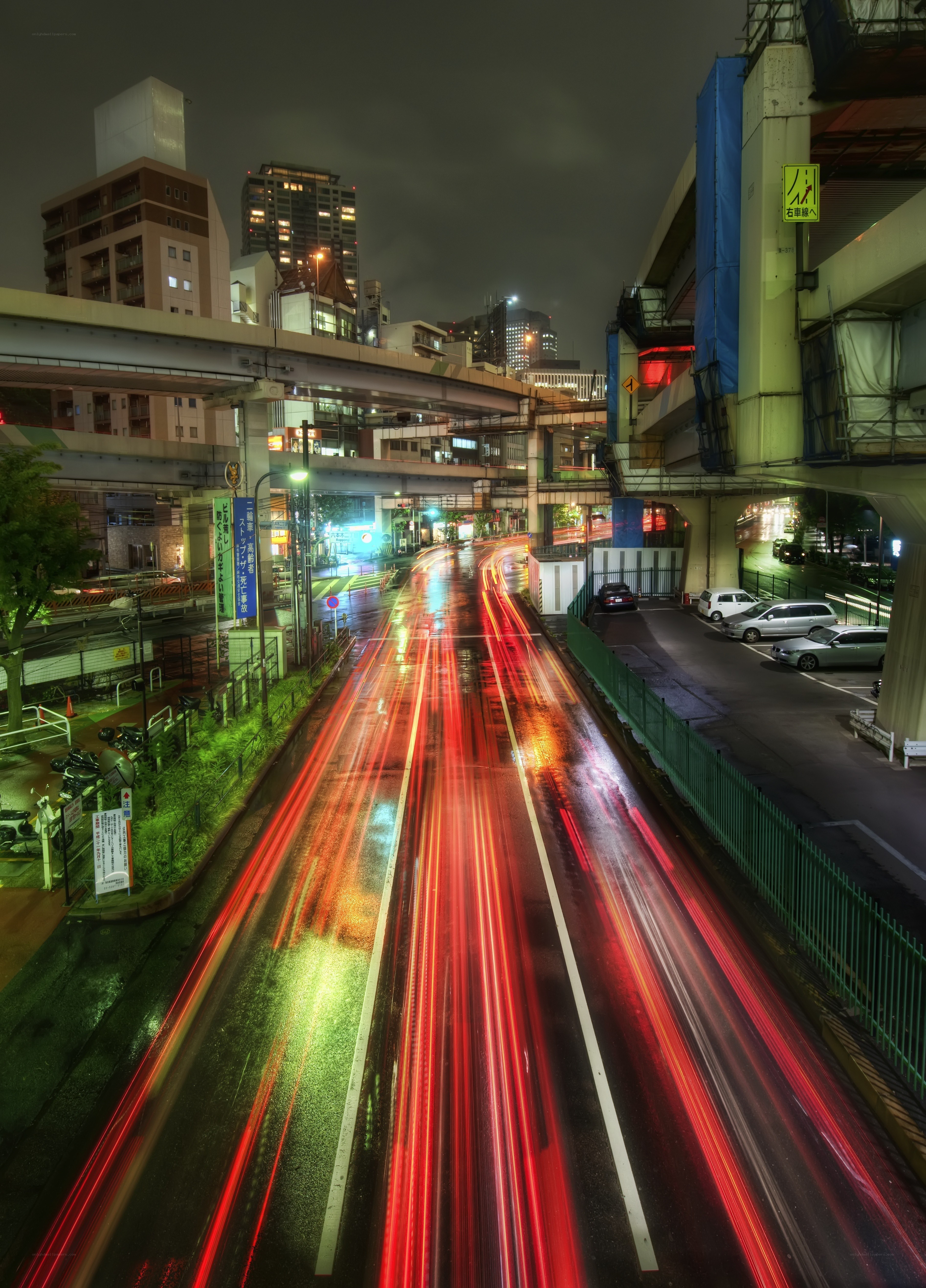 Nighttime city traffic light trails