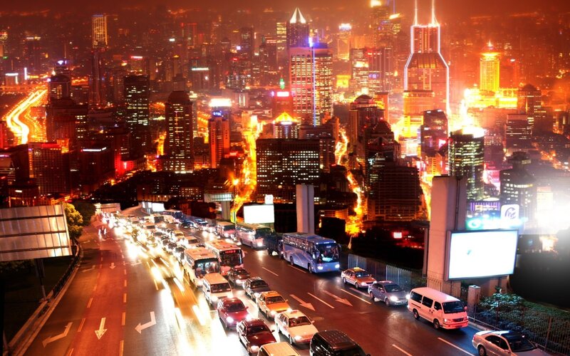 Nighttime City Traffic — Orange, Dramatic
