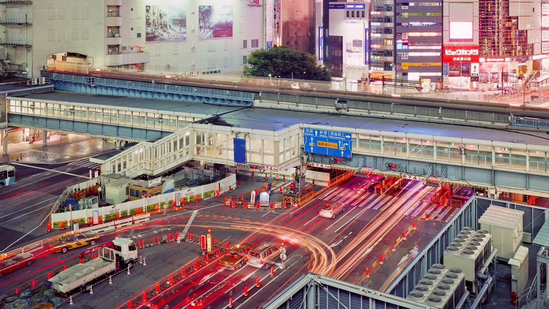 Nighttime city traffic scene