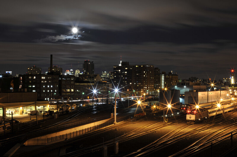 Nighttime city train yard