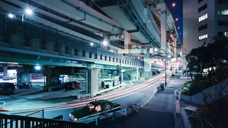 Nighttime city underpass scene