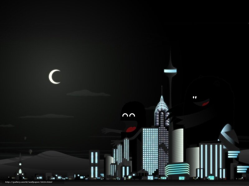 Nighttime city with cartoon monsters