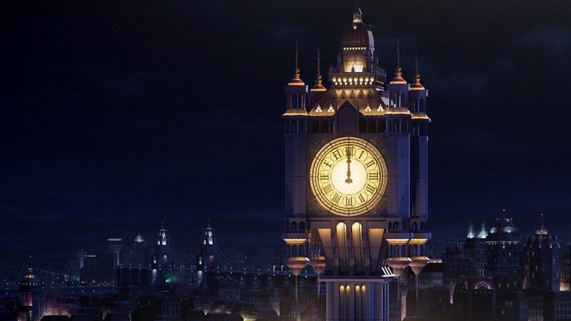 nighttime city with clock tower