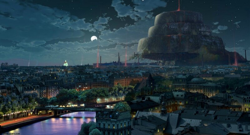 Nighttime city with giant structure