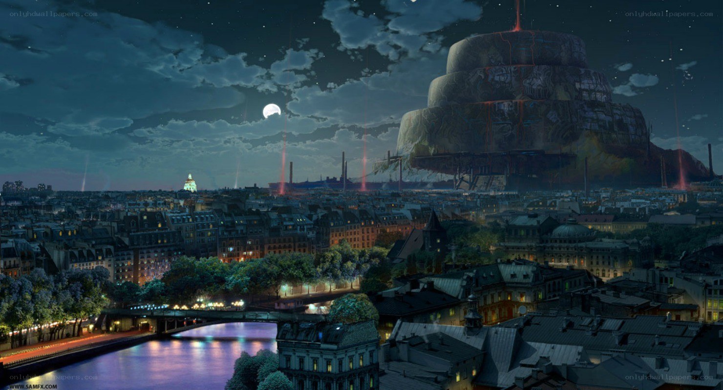 Nighttime city with giant structure