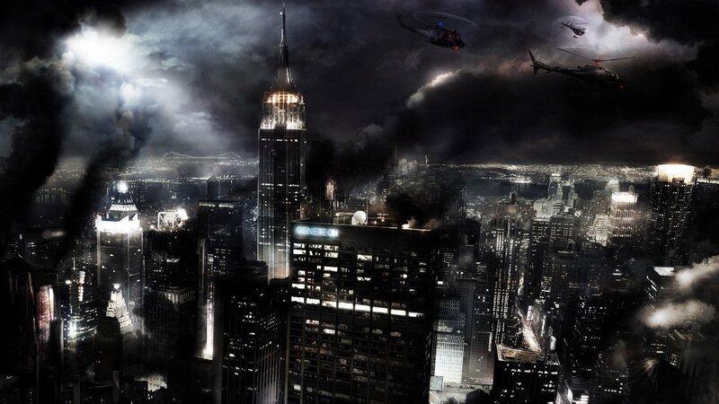 Nighttime city with helicopters