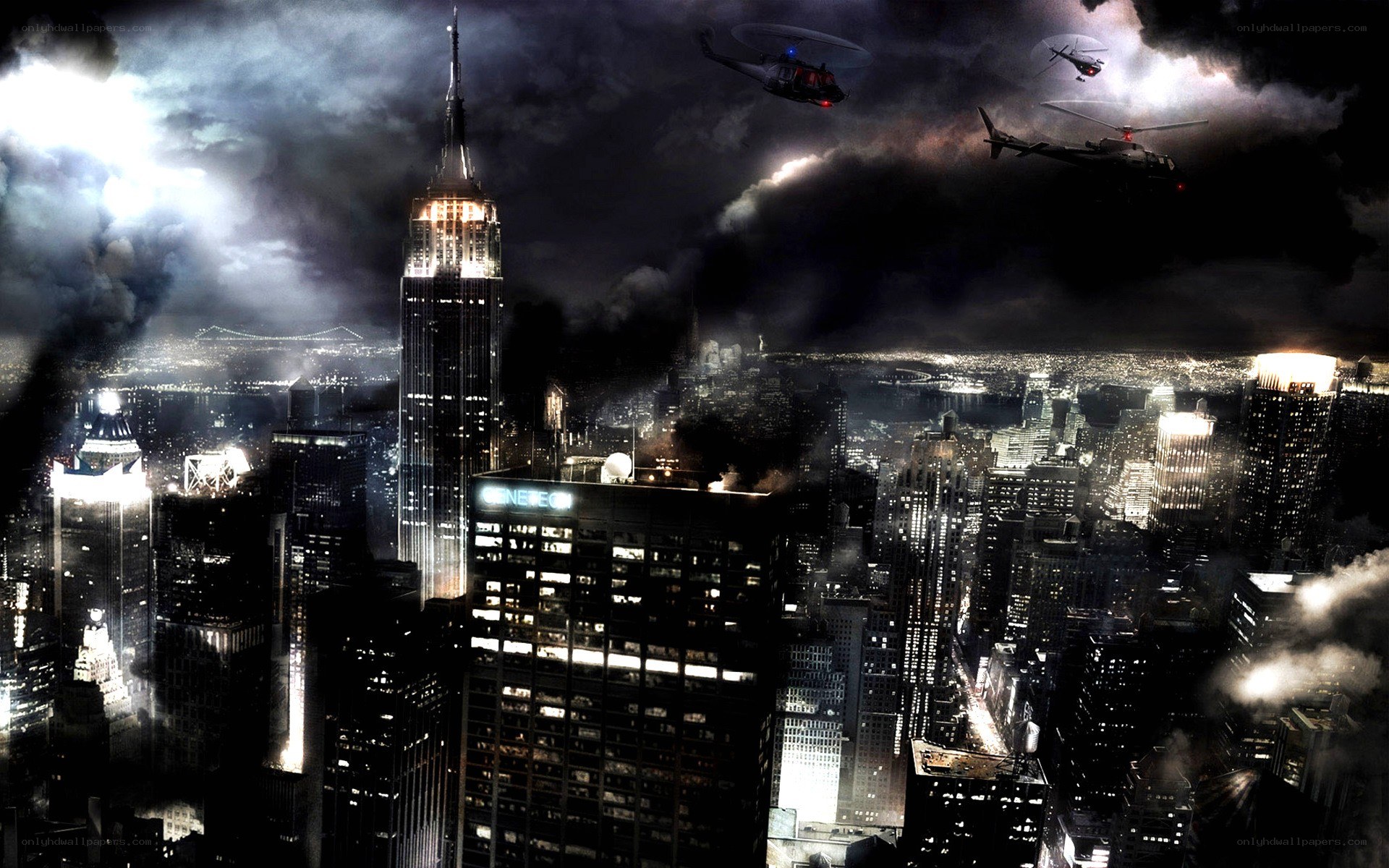 Nighttime city with helicopters