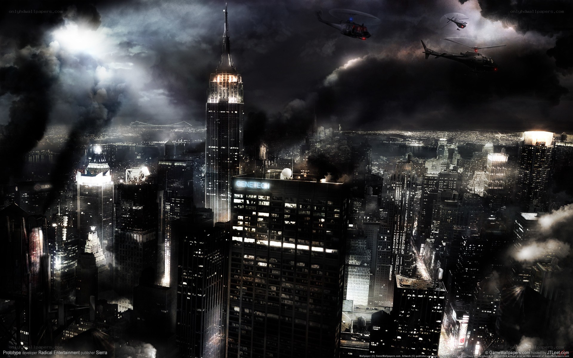 Nighttime city with helicopters