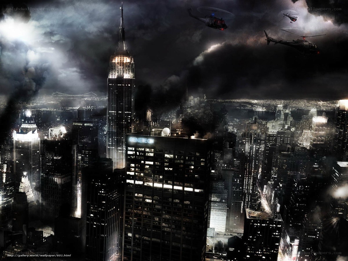 Nighttime city with helicopters