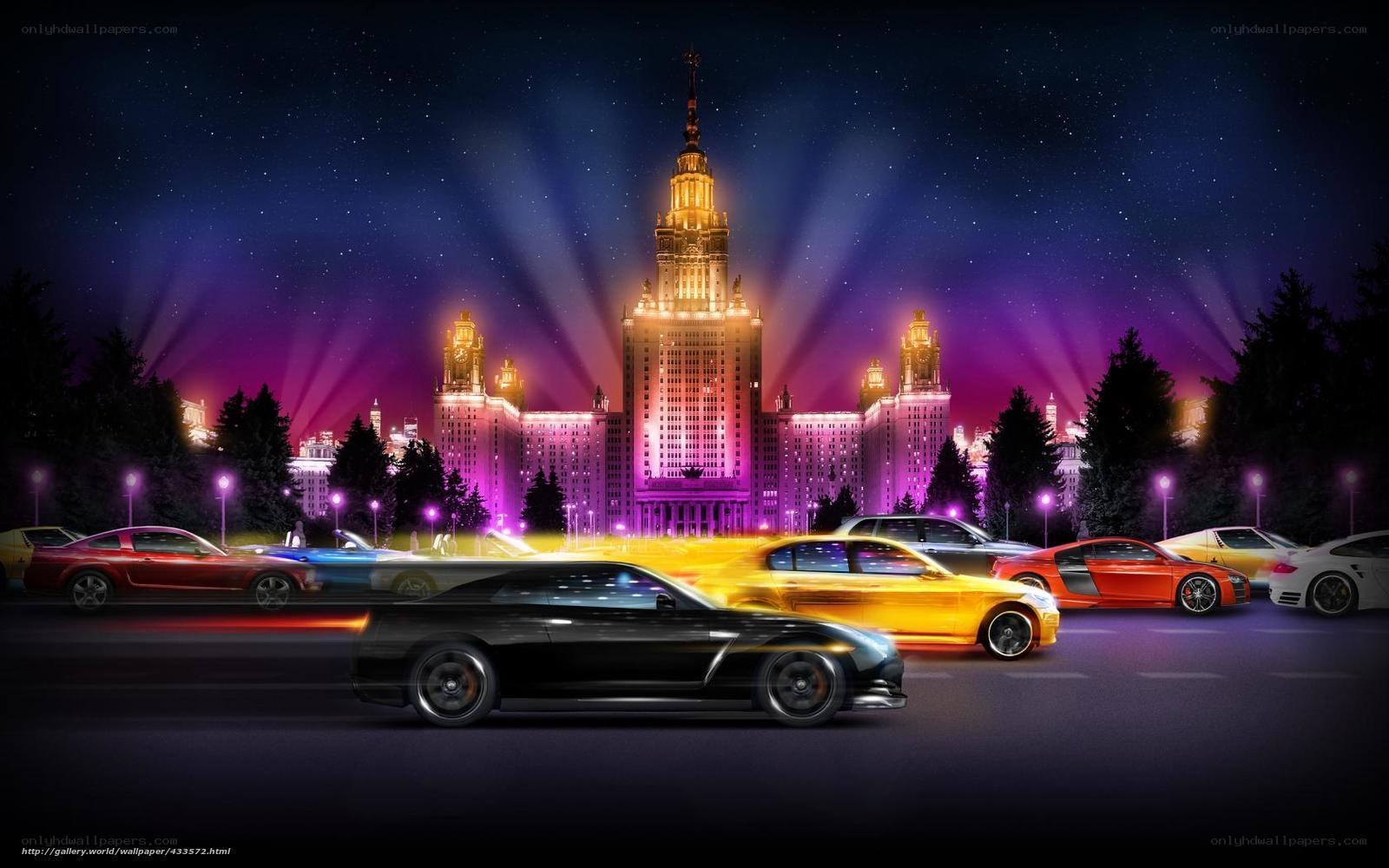 Nighttime city with sports cars