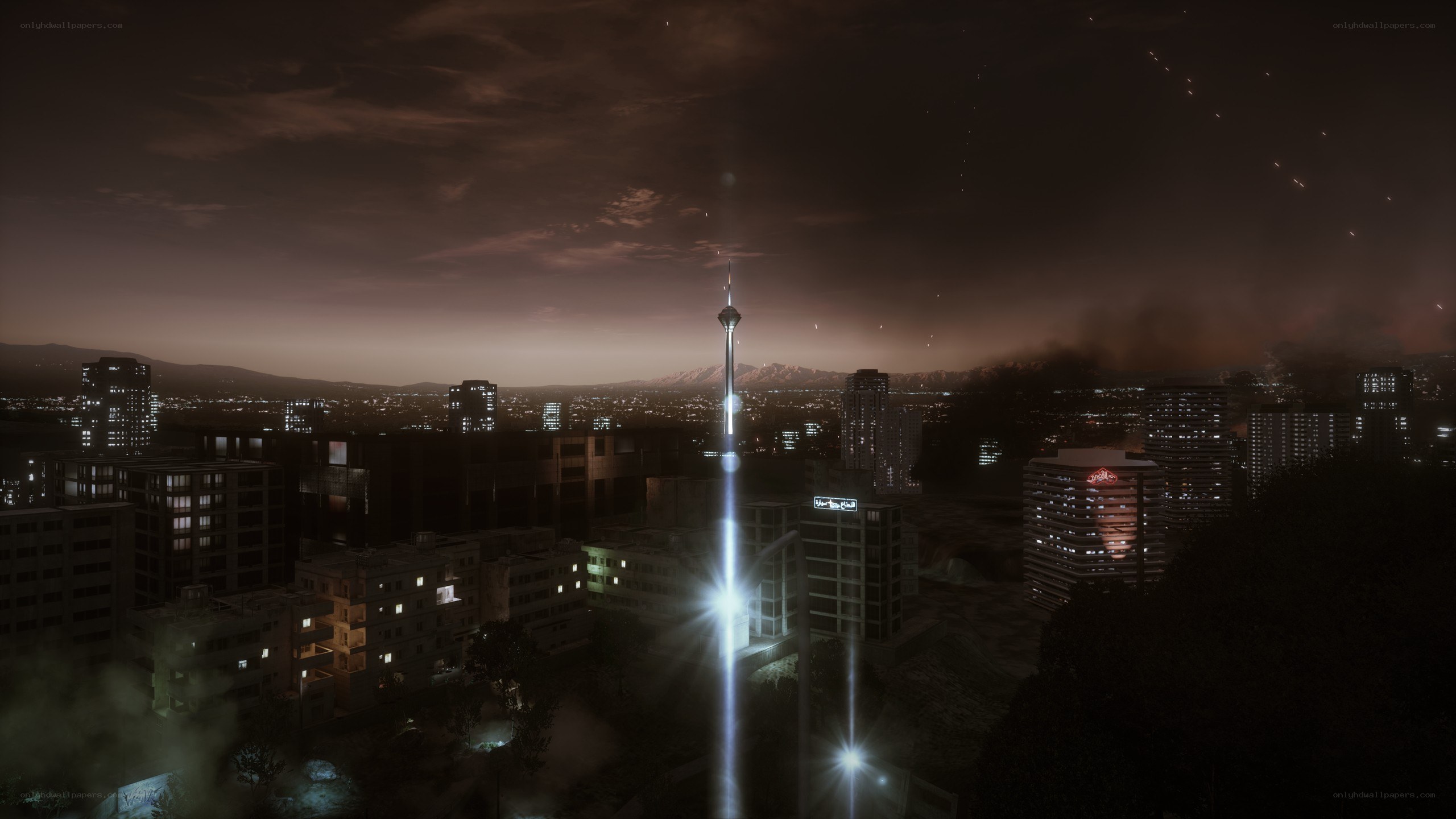 Nighttime city with tower beam