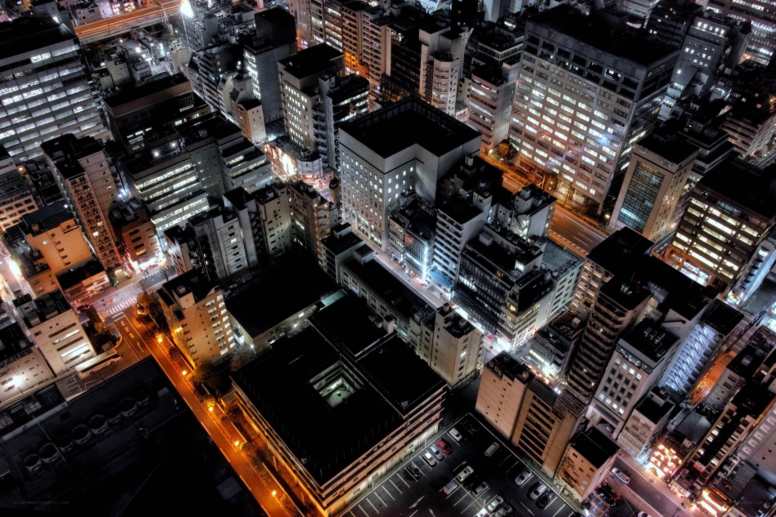 nighttime cityscape aerial view