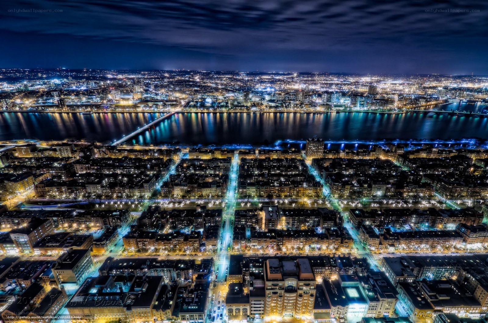 nighttime cityscape aerial view