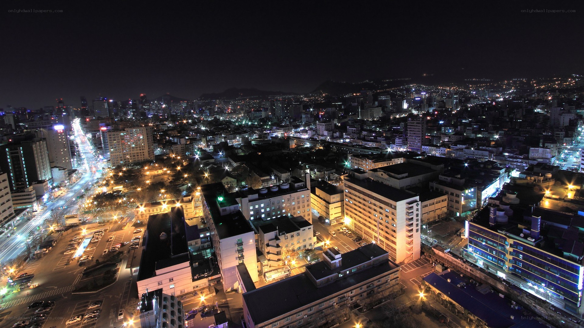 nighttime cityscape aerial view