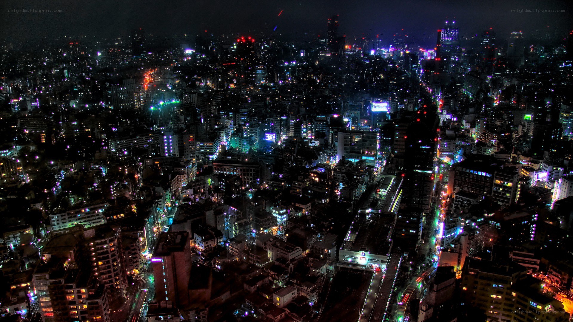 nighttime cityscape aerial view