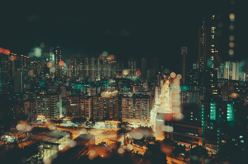 Nighttime Cityscape — Black, Dark, Night, Photograph, Buildings, Lights, Raindrops