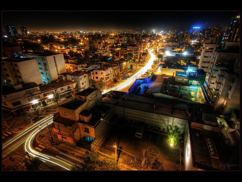 Nighttime Cityscape — Black, Dramatic, Night, Photograph, Buildings, Street Lights