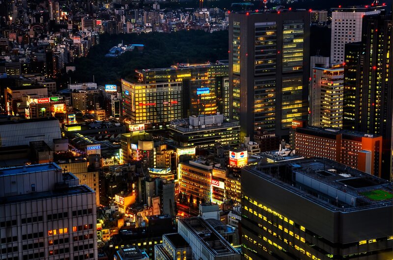 Nighttime Cityscape — Black, Dramatic, Night, Photograph, Skyscrapers, Neon Signs, Buildings