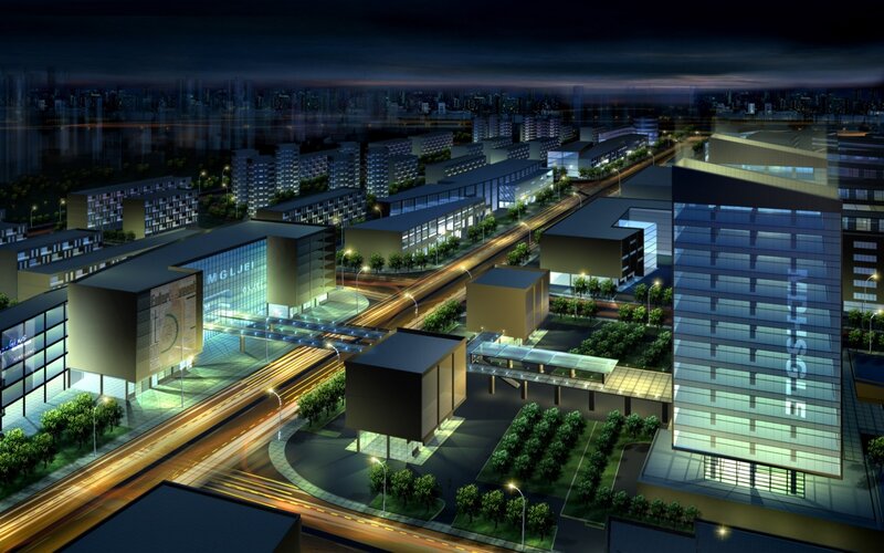 Nighttime Cityscape — Blue, Dramatic, Night, Digital Art