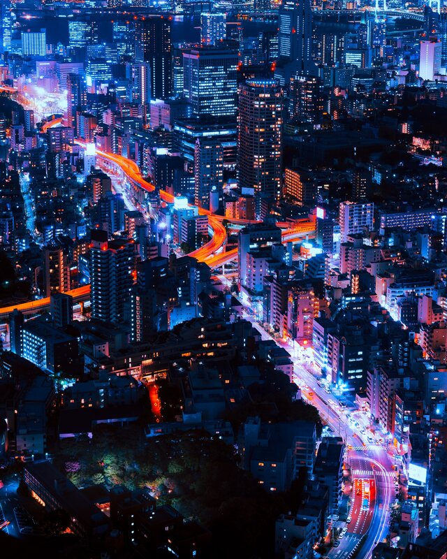 Nighttime Cityscape — Blue, Dramatic, Night, Photograph, Buildings