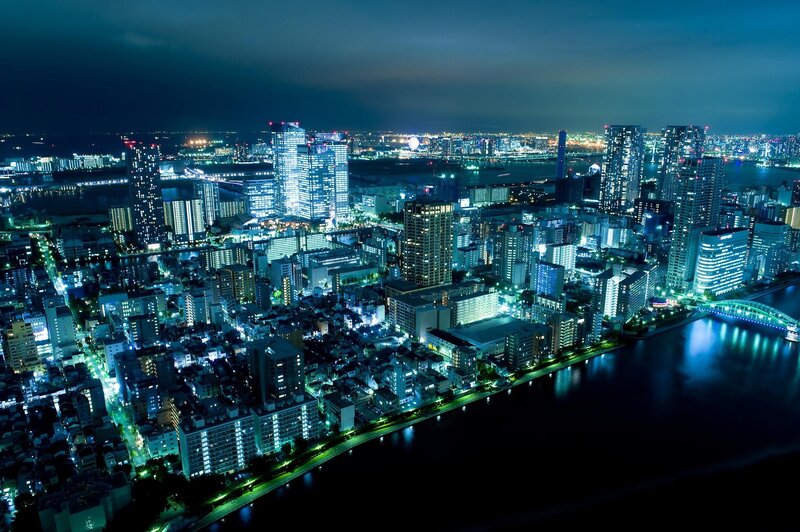Nighttime Cityscape — Blue, Dramatic, Night, Photograph, Skyscrapers, River, Bridge